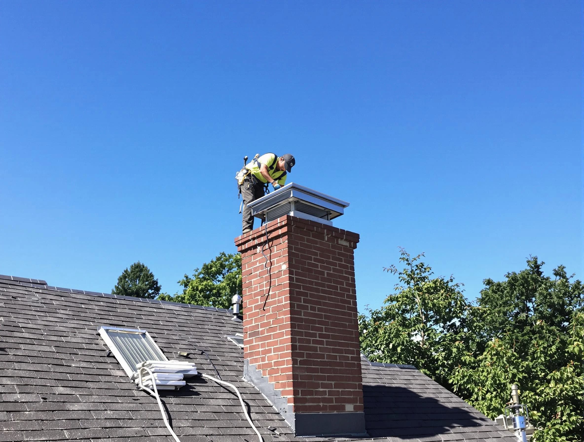 Somerset Chimney Sweep technician measuring a chimney cap in Somerset, NJ